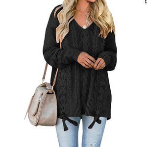Women's 4XL Pullover Sweater - Cable Knit V Neck Lace Up Long Sleeve - Black